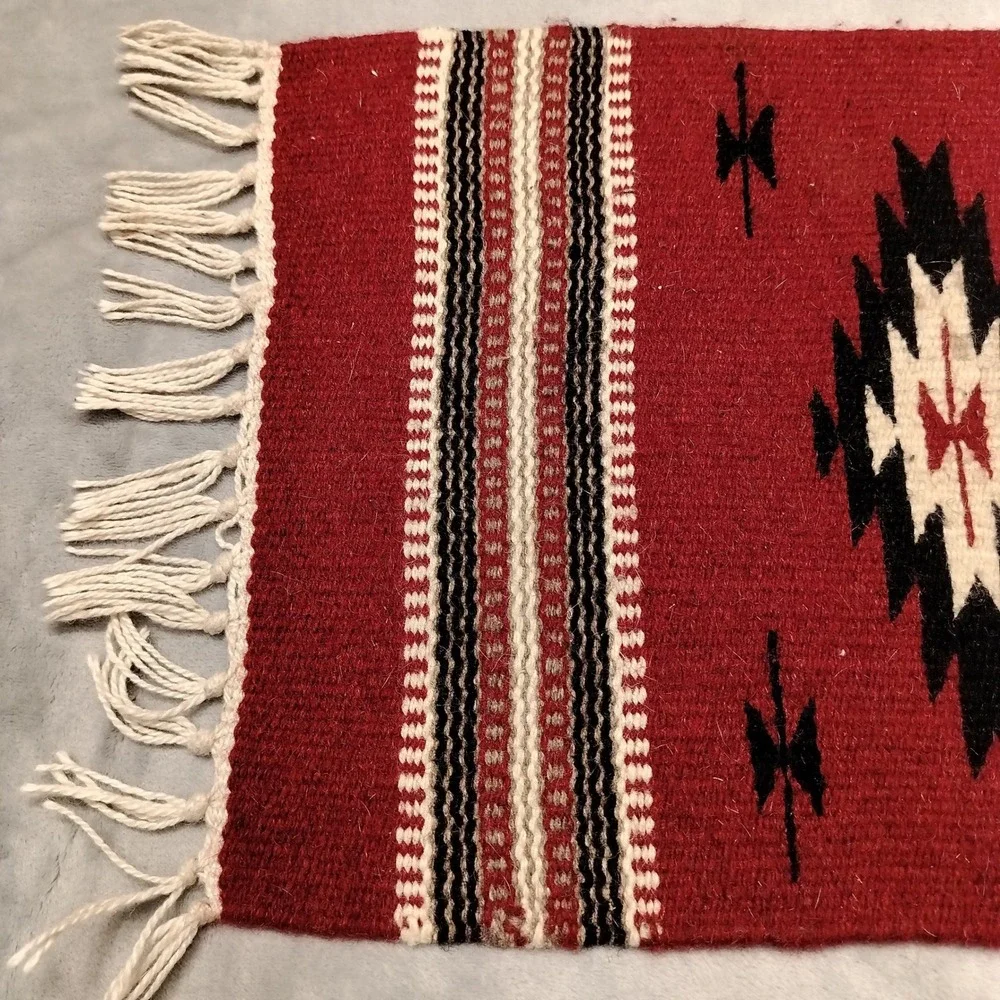 Vintage Handwoven Rug Small Red Southwest Wool Tapestry Table Runner Boho Tribal